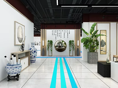 Chinese Style Display Space With Blue And White Porcelain Calligraphy And Green Plants 3d model