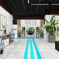 Chinese Style Display Space With Blue And White Porcelain Calligraphy And Green Plants
