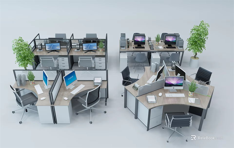 Modern Office Cubicle Work Desks Setup With Computers Chairs And Plants 3d model 