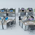 Modern Office Cubicle Work Desks Setup With Computers Chairs And Plants 3d model