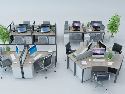 Modern Office Cubicle Work Desks Setup With Computers Chairs And Plants 3d model