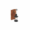 Industrial Wall Lamp With Black Metal Frame Glass Shade And Exposed Bulb On Wooden Plank