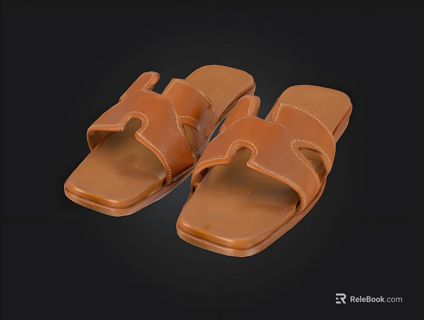 Brown Leather Slide Sandals With Crisscross Straps And Square Toe 3d model 