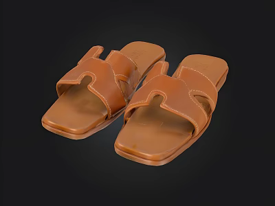Brown Leather Slide Sandals With Crisscross Straps And Square Toe 3d model