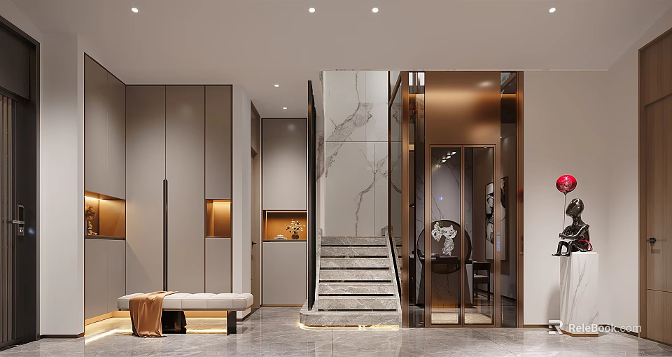 Modern Foyer Hallway Interior With Marble Wall Storage Cabinets And Staircase Bench 3d model 