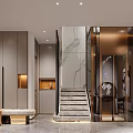 Modern Foyer Hallway Interior With Marble Wall Storage Cabinets And Staircase Bench