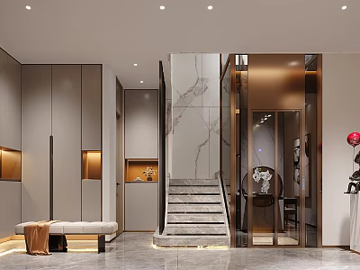 Modern Foyer Hallway Interior With Marble Wall Storage Cabinets And Staircase Bench 3d model