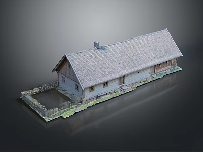 Cartoon House Scenery Featuring Gray Roof White Walls Chimney Small Yard Fence and Green Grass 3d model