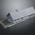 Cartoon House Scenery Featuring Gray Roof White Walls Chimney Small Yard Fence and Green Grass