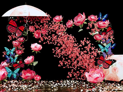 Beautiful Photo Spot With Pink Flowers Butterflies Umbrella Petals Against Black Background 3d model