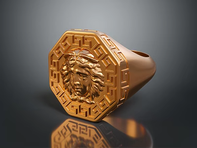 Luxury Gold Ring With Medusa Head Design And Geometric Pattern Details 3d model