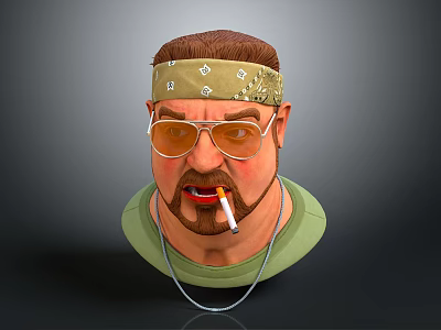 Man With Patterned Bandana Gold Sunglasses Beard Cigarette And Necklace In Green T-shirt 3d model
