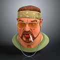 Man With Patterned Bandana Gold Sunglasses Beard Cigarette And Necklace In Green T-shirt