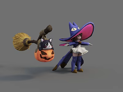 Game Movie Character Witch With Purple Hat And Cat In Pumpkin On Broom 3d model