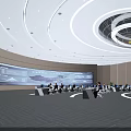 Modern Control Room Interior Design With Large Screen Staff And Curved Ceiling Lighting
