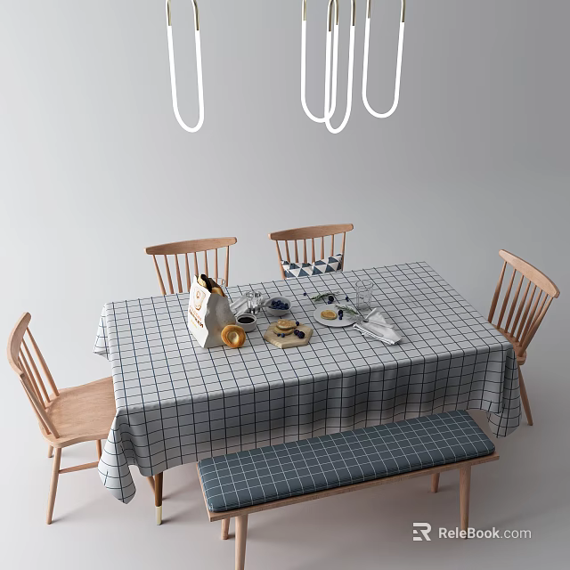 Stylish Dining Table Set With Checkered Tablecloth Wooden Chairs Bench And Pendant Lights 3d model 
