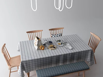 Stylish Dining Table Set With Checkered Tablecloth Wooden Chairs Bench And Pendant Lights 3d model
