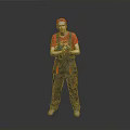 Man in Red Cap and Overalls Holding Power Tool Standing Against Gray Background