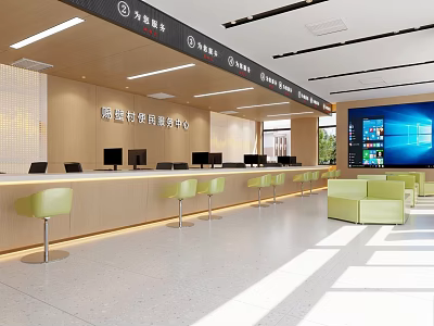 Bright Modern Public Service Hall With Neat Counters Comfortable Waiting Chairs And Large Display Screen 3d model