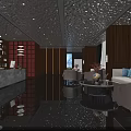 Luxurious Modern Clubhouse Interior With Wooden Walls Chandeliers Sofas Round Coffee Tables and Mirrored Flooring