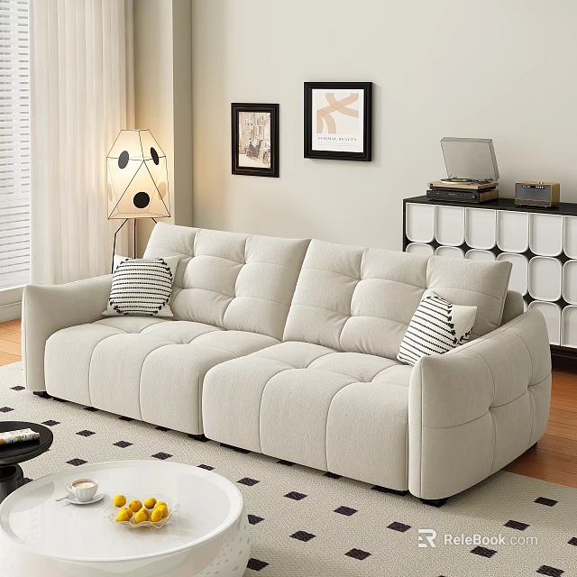Beige Double Sofa With Striped Pillows Floor Lamp Framed Art And Cabinet 3d model 