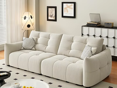 Beige Double Sofa With Striped Pillows Floor Lamp Framed Art And Cabinet 3d model