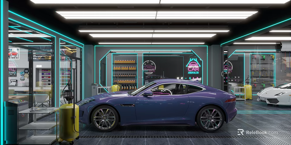 Auto 4S Shop Interior Featuring Purple Sports Car Neon Signs Service Equipment And Shelves 3d model 
