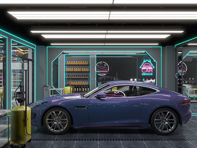 Auto 4S Shop Interior Featuring Purple Sports Car Neon Signs Service Equipment And Shelves 3d model