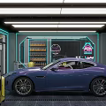 Auto 4S Shop Interior Featuring Purple Sports Car Neon Signs Service Equipment And Shelves