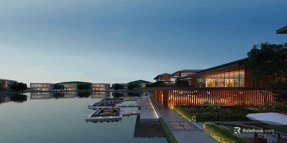 Modern Waterfront Hotel Building with Lake Dock Glass Windows Evening Lighting and Greenery Walkway 3d model 