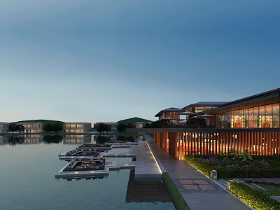Modern Waterfront Hotel Building with Lake Dock Glass Windows Evening Lighting and Greenery Walkway 3d model