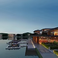 Modern Waterfront Hotel Building with Lake Dock Glass Windows Evening Lighting and Greenery Walkway
