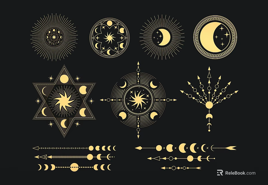 Gold Moon Sun Stars And Geometric Patterns Wall Decor On Black Background 3d model 