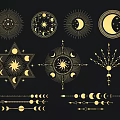 Gold Moon Sun Stars And Geometric Patterns Wall Decor On Black Background 3d model