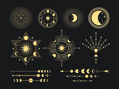 Gold Moon Sun Stars And Geometric Patterns Wall Decor On Black Background 3d model