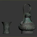 Ancient Bronze Wine Bottle and Cup with Green Patina on Dark Background
