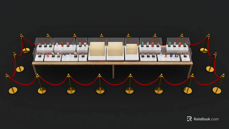 Glass Display Shelves With Red Velvet Ropes And Gold Stanchions For Valuable Items 3d model 