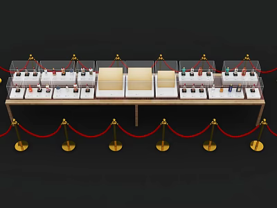 Glass Display Shelves With Red Velvet Ropes And Gold Stanchions For Valuable Items 3d model