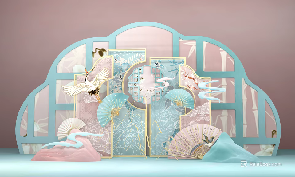Traditional Chinese Paper Art Decor With Crane Fans Bamboo And Screen 3d model 