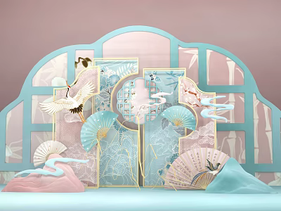 Traditional Chinese Paper Art Decor With Crane Fans Bamboo And Screen 3d model