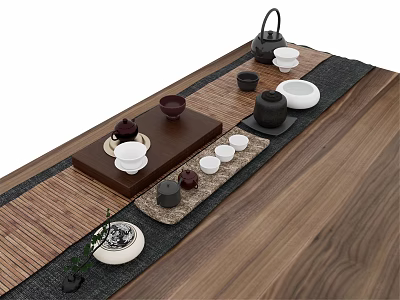 Traditional Tea Set with Wooden Tray Ceramic Cups and Bamboo Mat Arrangement 3d model