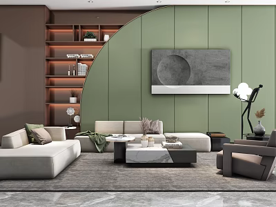 Modern Living Room Sofa And Coffee Table Set With Armchair Green Wall Pillows And Decorative Lamp 3d model