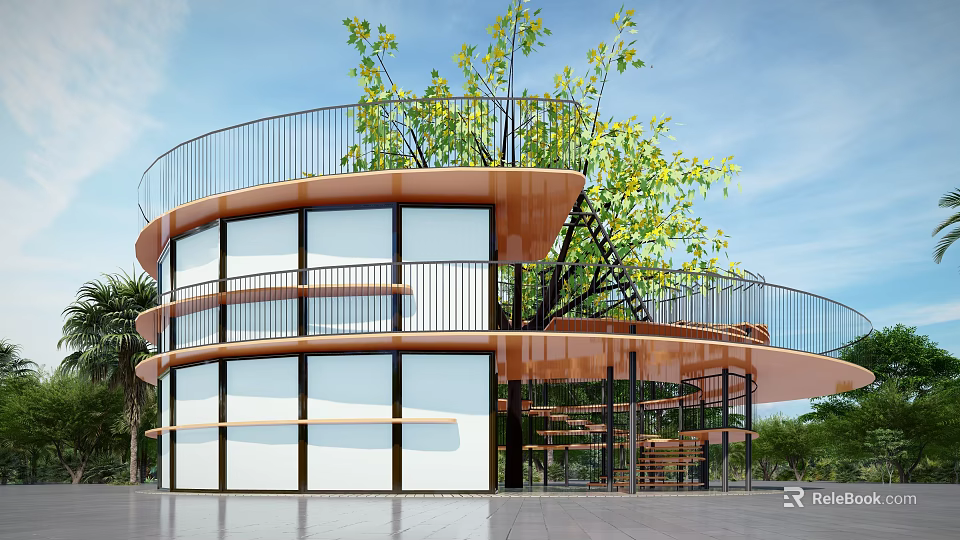 Modern Detached Villa With Circular Structure Glass Windows Terraces And Trees 3d model 