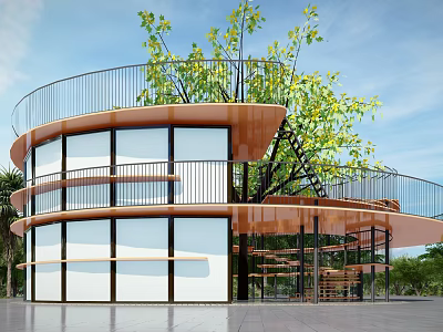 Modern Detached Villa With Circular Structure Glass Windows Terraces And Trees 3d model