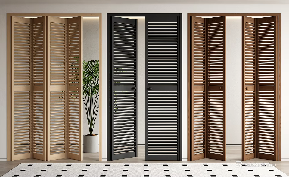 Louvered Folding Doors In Various Wooden Tones For Modern Interior Design With Potted Plant 3d model 