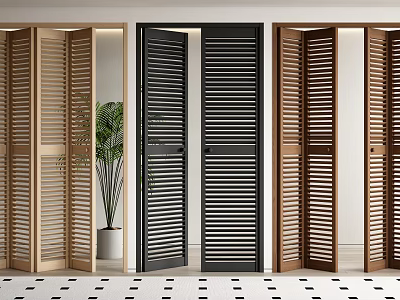 Louvered Folding Doors In Various Wooden Tones For Modern Interior Design With Potted Plant 3d model