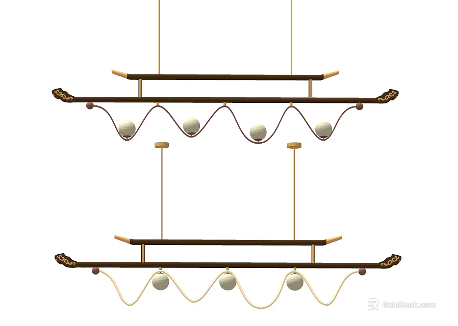 Modern Hanging Chandeliers With Metal Frames Wave Shaped Elements And Spherical White Bulbs 3d model 