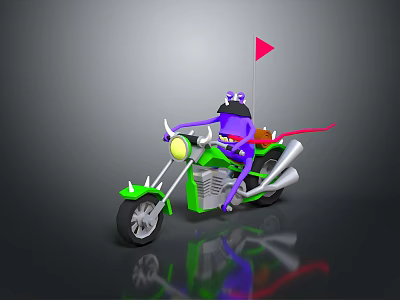 Green Motorcycle With Purple Character Wearing Helmet Red Ribbon And Red Flag On Gray Background 3d model