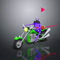 Green Motorcycle With Purple Character Wearing Helmet Red Ribbon And Red Flag On Gray Background