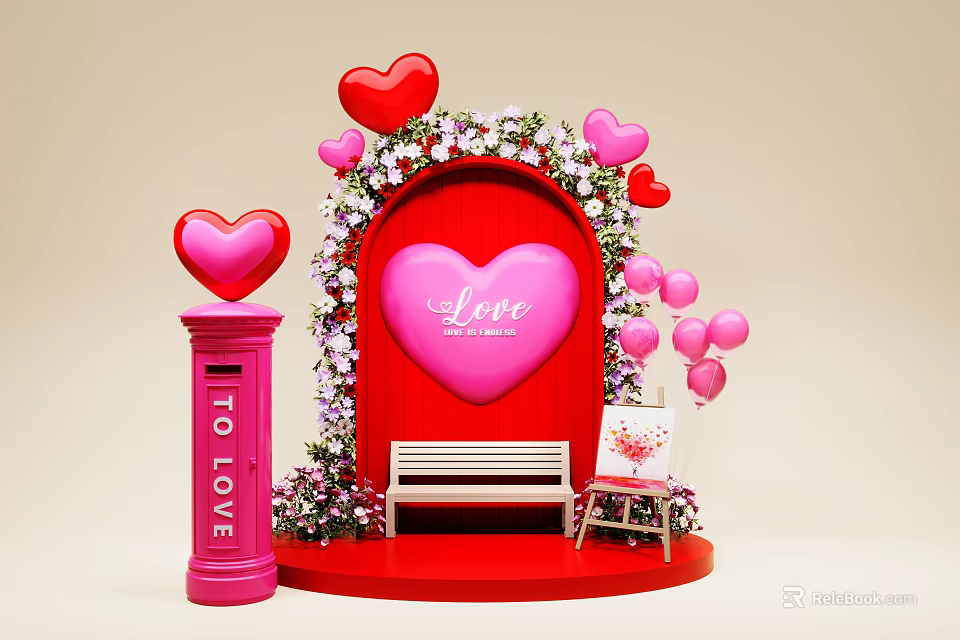 Romantic Photo Spot With Red Heart Arch Pink Hearts Love Sign Red Mailbox And Bench 3d model 